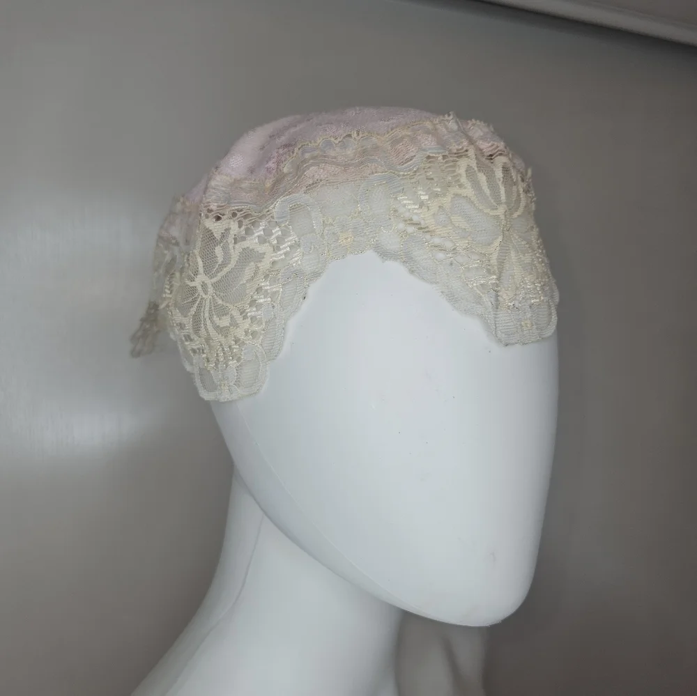 Elegant Cream/Pink Lace Trim Head Covering